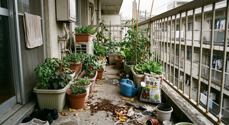 狭く散らかったマンションのベランダで、プランター栽培している。床には培養土や葉が落ちている