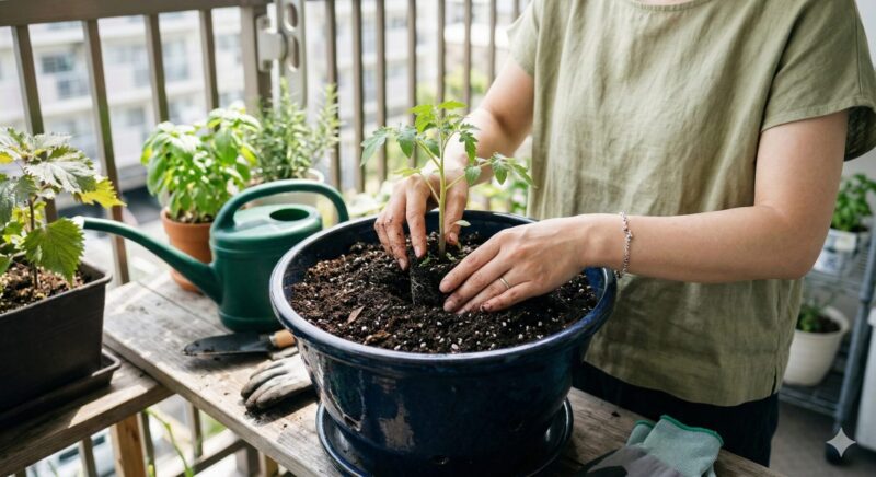明るいベランダで、深めのプランターに野菜用培養土を入れ、ミニトマトの苗を植え付けている日本人女性の手元。