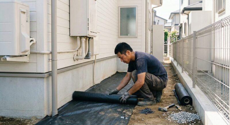 新築住宅の庭に広範囲に敷き詰められた黒い防草シートと、DIY作業をする日本人男性。