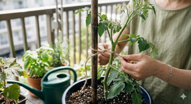 成長したミニトマトの茎を、支柱に麻ひもで8の字に誘引している様子。茎に余裕を持たせて結んでいる。
