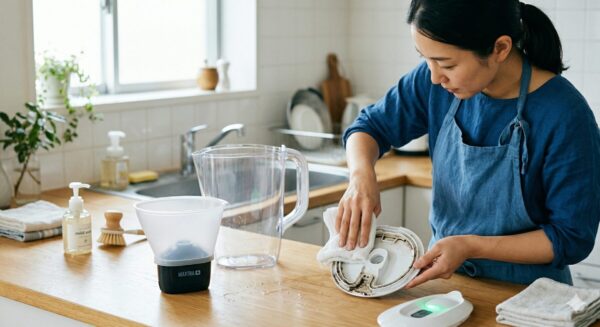 キッチンのカウンターに分解して並べられたブリタ浄水ポットの各パーツ（本体、水受け部、スマートライト付きのフタ）。日本人女性の手が、汚れがたまりやすいフタの裏側や水受け部の縁を布で拭き取っている様子。
