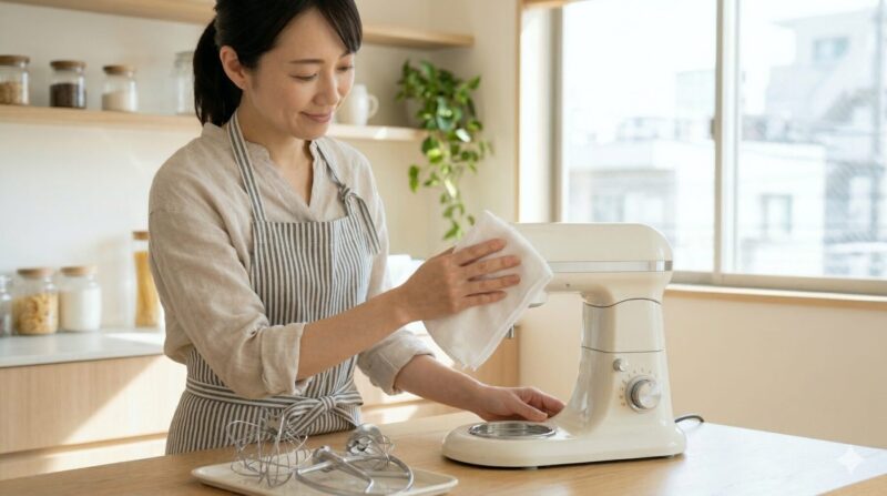 スタンドミキサーの本体を、清潔な布で丁寧に拭き掃除する様子。