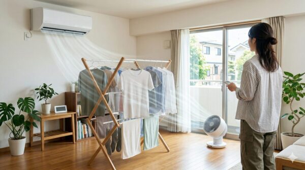 エアコンの風向きを下向きに設定し、サーキュレーターを対角線上に置いて効率よく空気を循環させる部屋干しの様子。