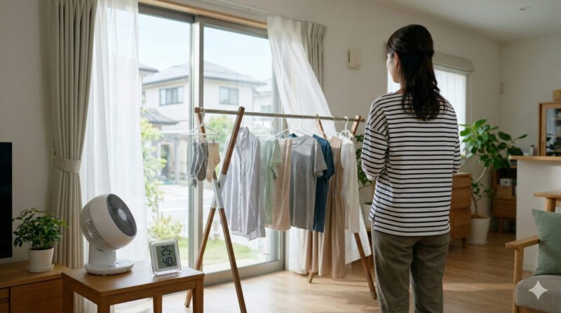 風通しを良くするため、洗濯物をアーチ型に干し、間隔を空けている様子。
