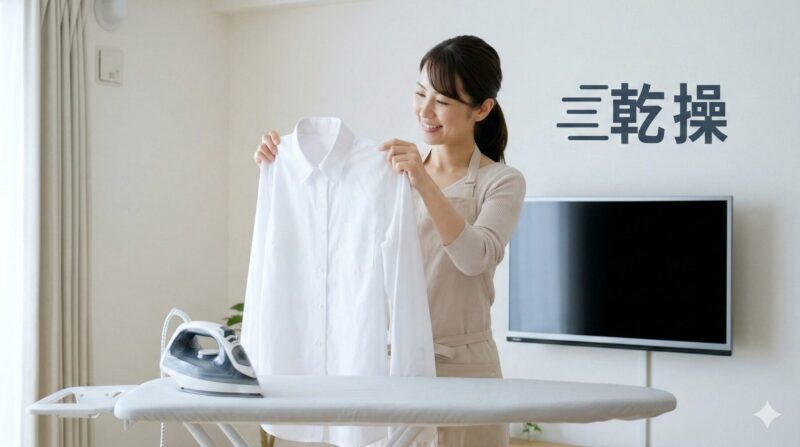 アイロンと乾燥したシャツを持つ日本人女性。洗濯物を早く乾かす方法のイメージ。