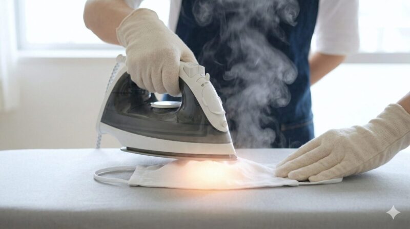 アイロンの高温で布マスクを殺菌乾燥する様子。生乾き臭対策。