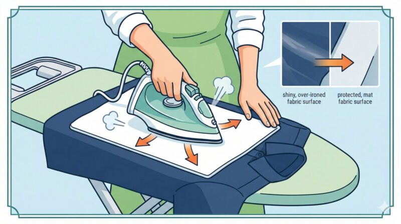 インフォグラフィック:当て布を使用してポリエステルシャツのテカリを防ぐ正しいアイロンがけ。