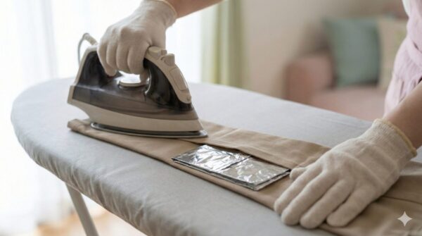 ズボンの内側にアルミホイルを入れ、外側からアイロンをかけて乾燥時間を短縮する裏技。