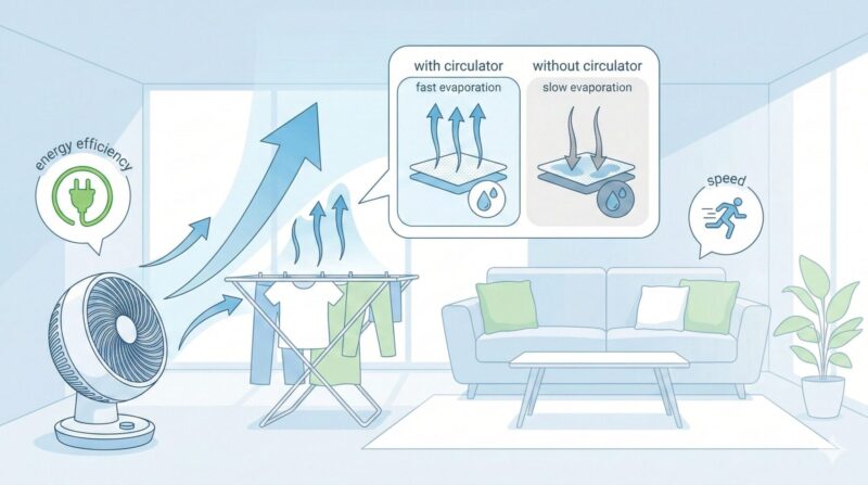 インフォグラフィック:サーキュレーターの風で洗濯物周辺の湿った空気を飛ばし、空間全体を効率よく乾燥。
