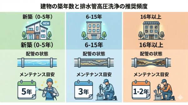 建物の築年数と排水管高圧洗浄の推奨頻度の関係を図解。新築、6-15年、16年以上それぞれの配管の状態とメンテナンス目安（5年、3年、1-2年）をアイコンで表現