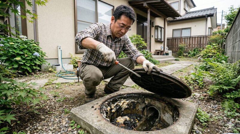 日本人の住宅所有者が、お庭の排水桝（インバート桝）のフタをマイナスドライバーで開けて点検している様子。桝の中に油の塊や汚れが溜まっている。