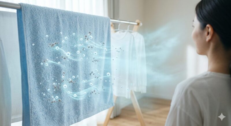 屋干しされたタオルの繊維に、パナソニック独自のナノイーX粒子が浸透し、生乾き臭の原因菌を抑制するイメージ図。清潔で爽やかな空気が漂う。