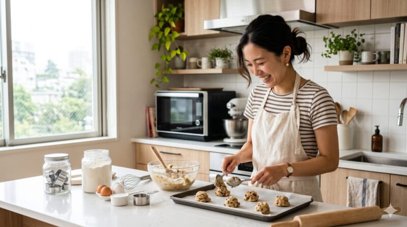 お菓子作りを楽しむ日本人女性とモダンなキッチンの風景
