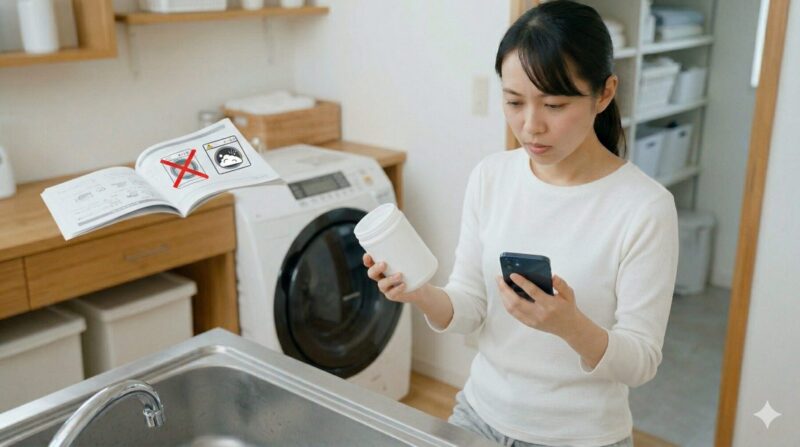 ドラム式洗濯機での酸素系漂白剤使用のリスクと注意点を確認する様子。