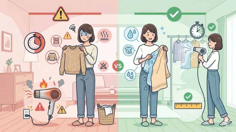 洋服をドライヤーで乾かすデメリットと、安全な時短テクニックを比較するインフォグラフィック。リスク（縮み、火災）と解決策（タオル術）を示す。