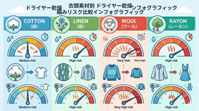 衣類素材ごとのドライヤー乾燥による縮みリスクを比較したインフォグラフィック。綿、麻、ウール、レーヨンの縮みやすさを示す。
