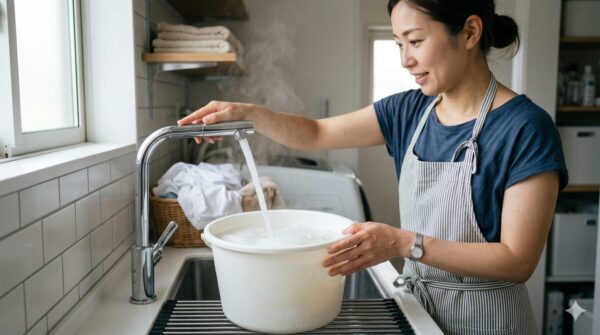 バケツにオキシクリーン(白い粉)が入っていて、そこに50度のお湯を蛇口から注いでる様子。お湯は薄い白色になっている