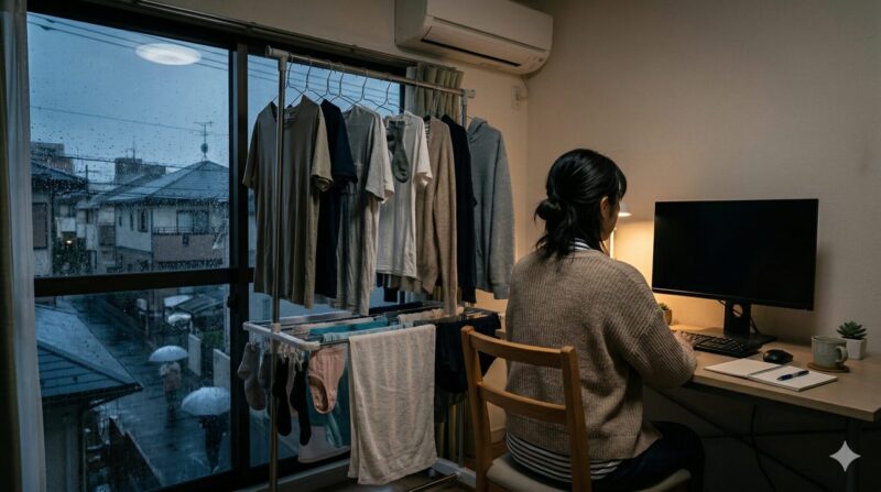 窓の外は雨が降っており、部屋干しの洗濯物が乾きにくい状況の室内で、モニター画面に向かう人物の後ろ姿。