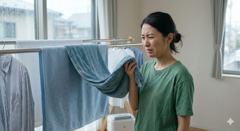 雨の日に部屋干しされた衣類（タオルやシャツ）が、嫌なにおいがして、顔をしかめる表情を浮かべる日本人女性。