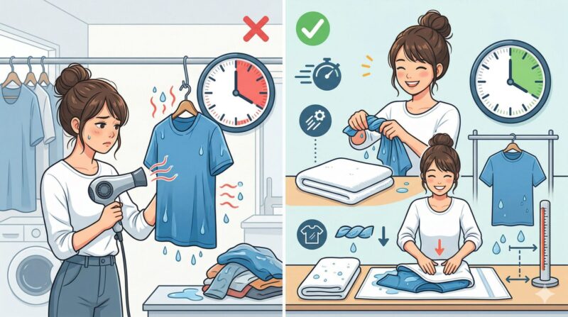 ドライヤー乾燥時間を短縮するためのタオルドライ（タオルサンドイッチ法）の手順を図解したインフォグラフィック。濡れた服をタオルで挟み水分を吸収させる。