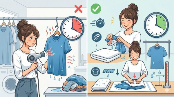 ドライヤー乾燥時間を短縮するためのタオルドライ（タオルサンドイッチ法）の手順を図解したインフォグラフィック。濡れた服をタオルで挟み水分を吸収させる。