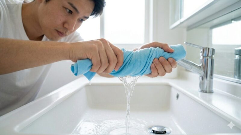 日本人の手が、濡れたセームタオルをギュッと絞り、洗面所に水を落とす瞬間。瞬時に吸水力が復活する様子。