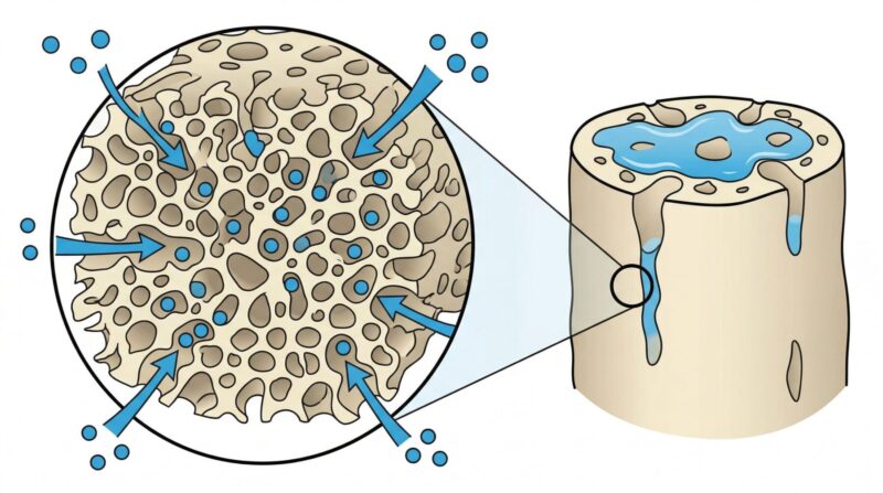 【インフォグラフィック1】PVAセームタオルの微細な連続気孔が毛細管現象で水を吸い上げる様子を示した、図解・断面図。