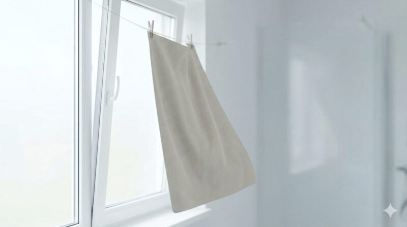 明るく風通しの良い日陰に、クリップで吊るされて完全に乾燥し、パリパリに固まった白いセームタオル。