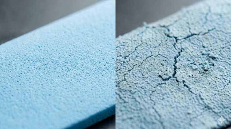 新品のスムーズなセームタオルと、古くなって表面に細かなひび割れやポロポロとした剥がれが見られるタオルの比較（マクロ撮影）