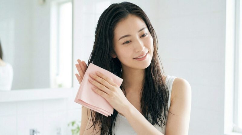 日本人の女性が、濡れた長い髪に畳んだピンクのセームタオルを優しくスタンプのように押し当ててタオルドライする、摩擦レスな様子。