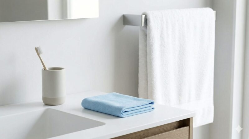 ミニマリストの洗面所で、大きな綿タオルと並べて置かれた、コンパクトに畳まれた青いセームタオル。