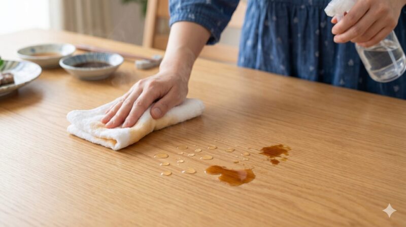 焼肉後のダイニングテーブルに残った油煙の汚れと、それを拭き取る様子。油性の汚れが部屋に残る原因であることを視覚化しています。