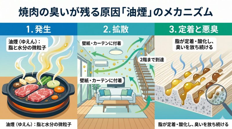 焼肉のニオイが残る原因「油煙」のメカニズムを解説するインフォグラフィック。発生、拡散、定着と悪臭の3段階を日本語の解説とともに図解しています。
