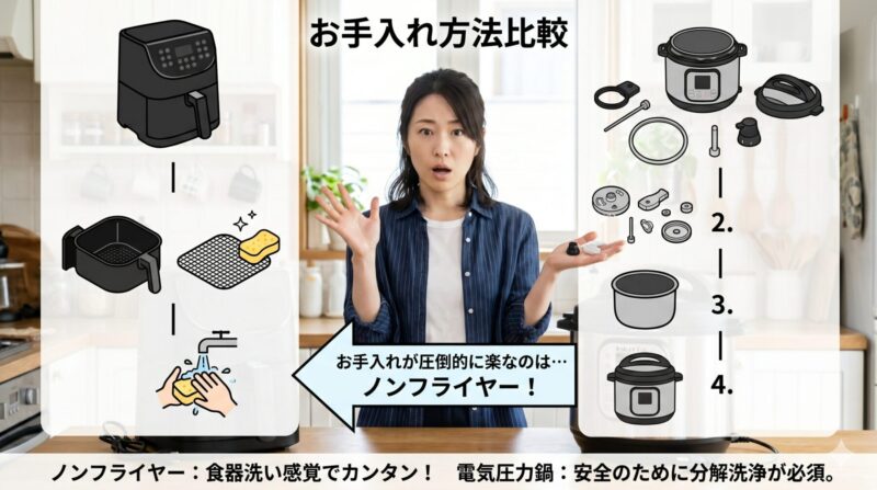 【インフォグラフィック】ノンフライヤーと電気圧力鍋のお手入れ比較図。左側は簡単に洗えるノンフライヤー、右側は分解が必要な電気圧力鍋のパーツ群。
　- 日本語解説（画像補足）: 左側のノンフライヤーはバスケットと網のみで洗浄が簡単です。対して右側の電気圧力鍋は、パッキンやバルブなど細かな部品の分解・洗浄が必要であることを示しています。
