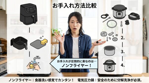 【インフォグラフィック】ノンフライヤーと電気圧力鍋のお手入れ比較図。左側は簡単に洗えるノンフライヤー、右側は分解が必要な電気圧力鍋のパーツ群。 　- 日本語解説（画像補足）: 左側のノンフライヤーはバスケットと網のみで洗浄が簡単です。対して右側の電気圧力鍋は、パッキンやバルブなど細かな部品の分解・洗浄が必要であることを示しています。
