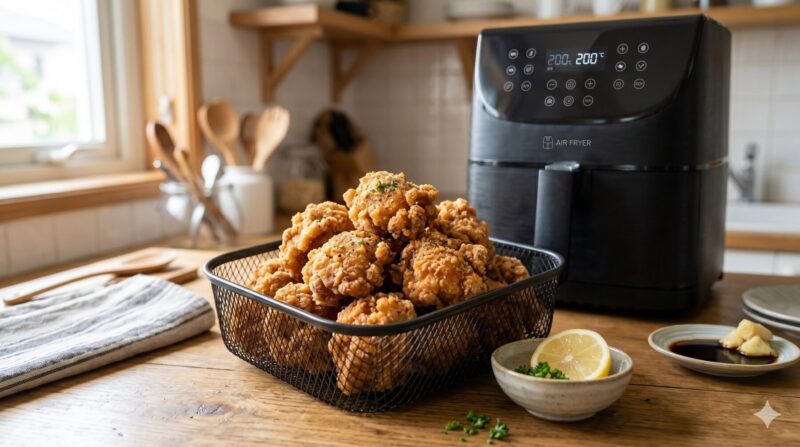 ノンフライヤーのバスケットに入った、油を使わずにサクサクに仕上がった美味しそうな唐揚げ。