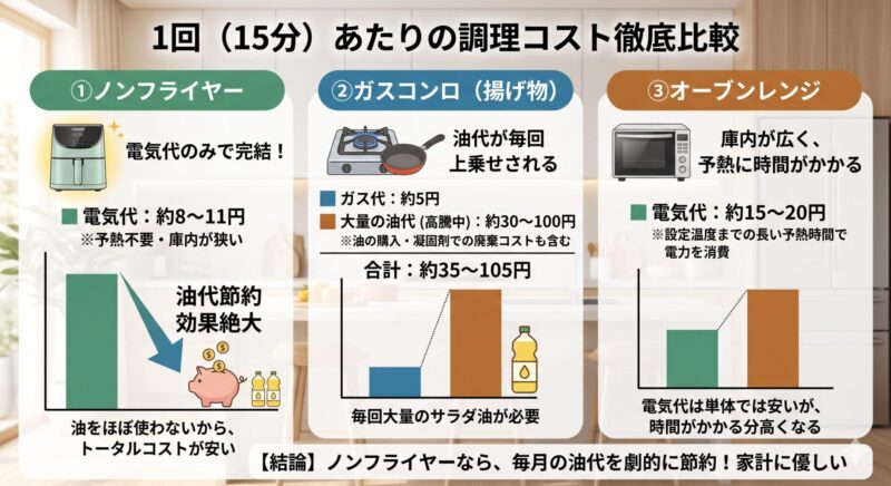 1回15分使用時の調理コスト比較インフォグラフィック。ノンフライヤー（電気代）、ガスコンロ揚げ物（ガス代＋油代）、オーブンレンジ（電気代）を比較し、ノンフライヤーの油代節約効果を視覚化。