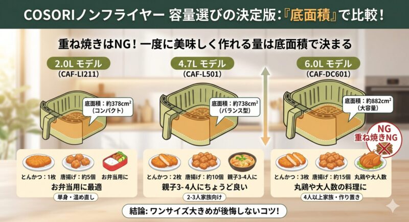 ノンフライヤーの容量選びを底面積で比較するインフォグラフィック。2.0L、4.7L、6.0Lのバスケットに入るとんかつや唐揚げの数を視覚化。重ね焼きNGの注意点付き。