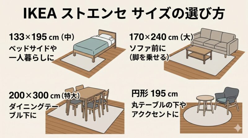 日本語解説付きインフォグラフィック。IKEA ストエンセの異なるサイズ（中: 133x195cm, 大: 170x240cm, 特大: 200x300cm, 円形: 195cm）と、それぞれの家具配置例（ベッドサイド、ソファ前、ダイニング下）。