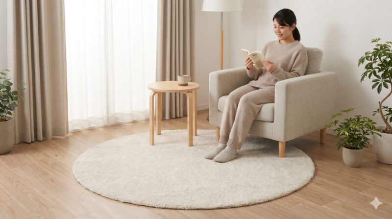 パーソナルチェアとサイドテーブル、円形のオフホワイトIKEA ストエンセ ラグが配置された、柔らかな雰囲気の読書コーナー。日本人女性がリラックスしている。