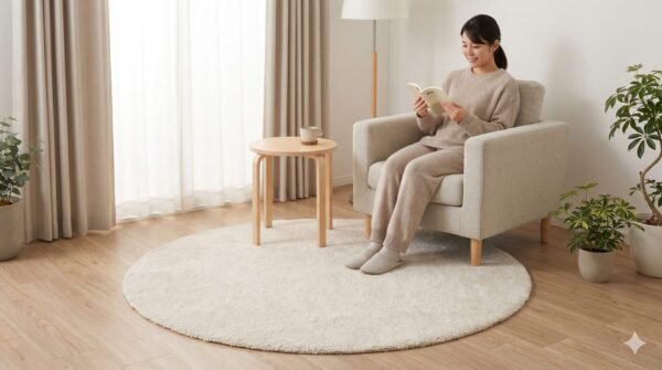 パーソナルチェアとサイドテーブル、円形のオフホワイトIKEA ストエンセ ラグが配置された、柔らかな雰囲気の読書コーナー。日本人女性がリラックスしている。