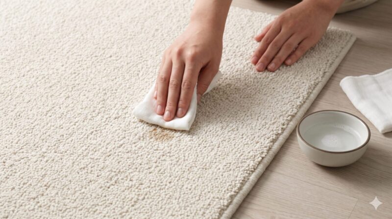 汚れたオフホワイトのIKEA ストエンセ ラグを、中性洗剤を含ませた布で部分洗い（スポットクリーニング）している日本人女性の手元。叩き出すように拭き取っている。